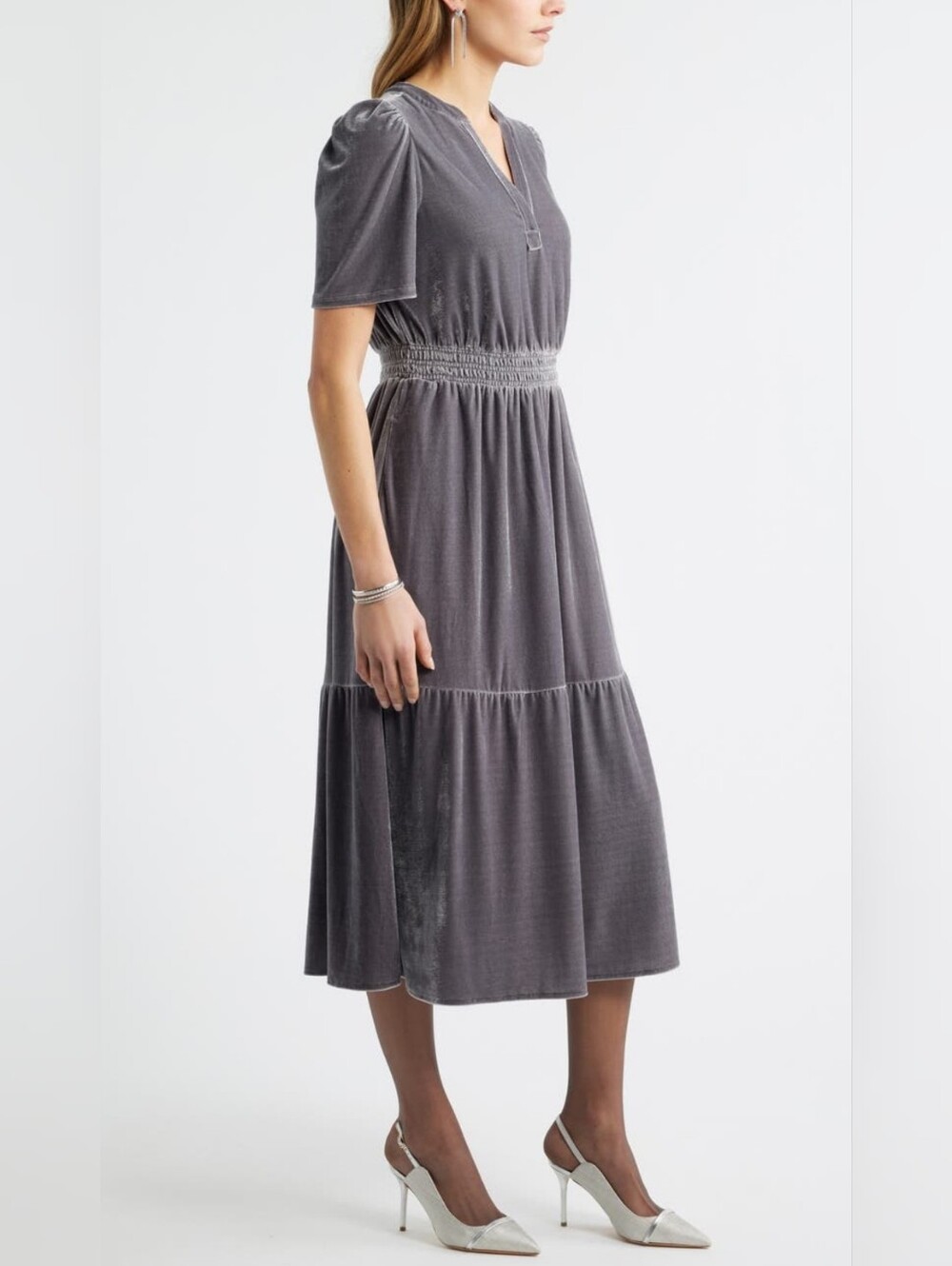 NWT - Caslon Grey Stretch Plush Velour Smocked Waist Fully Lined Midi Dress - S - Picture 15 of 16